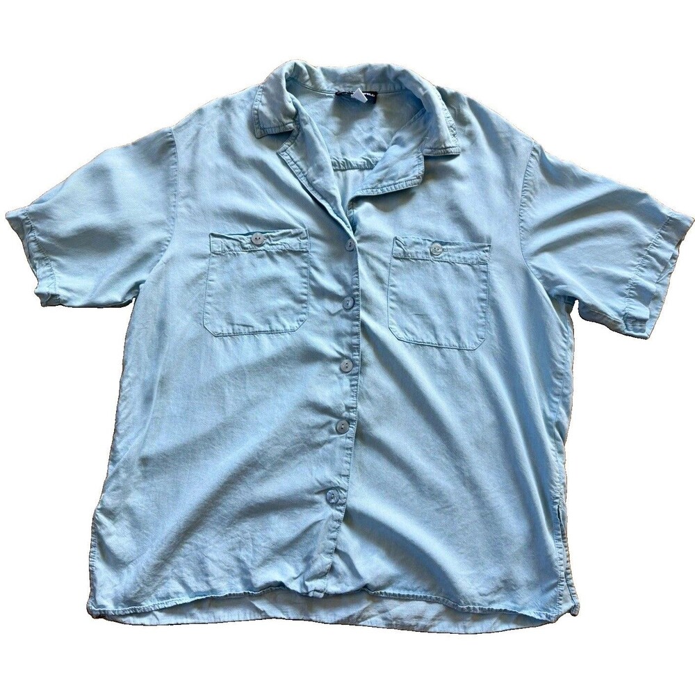 Karl Lagerfeld Paris woman’s  Cotton Button-Up Shirt Light Blue Solid Pockets PS